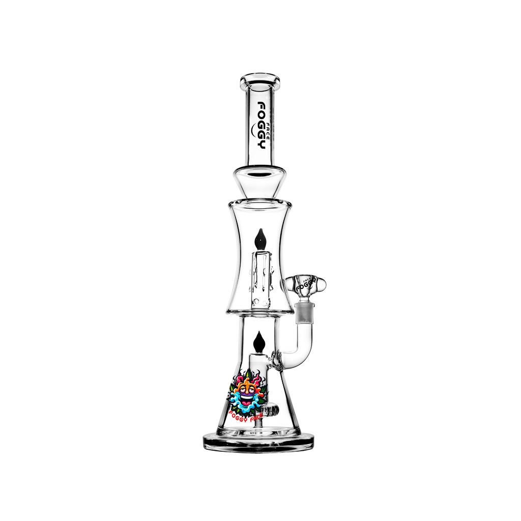 Double Percolator Straight Tube Water Pipe , 15.5 inch Premium Glass Bong, Foggy Face