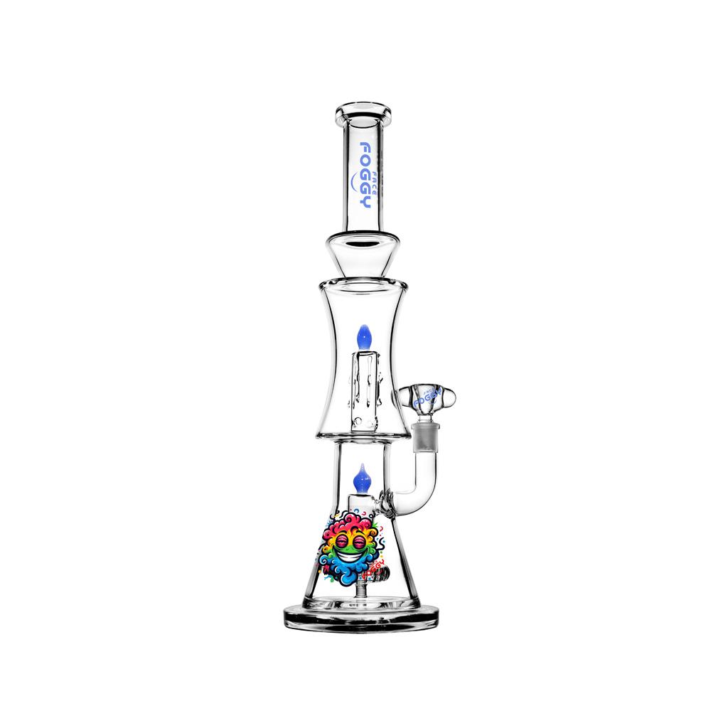 Double Percolator Straight Tube Water Pipe , 15.5 inch Premium Glass Bong, Foggy Face