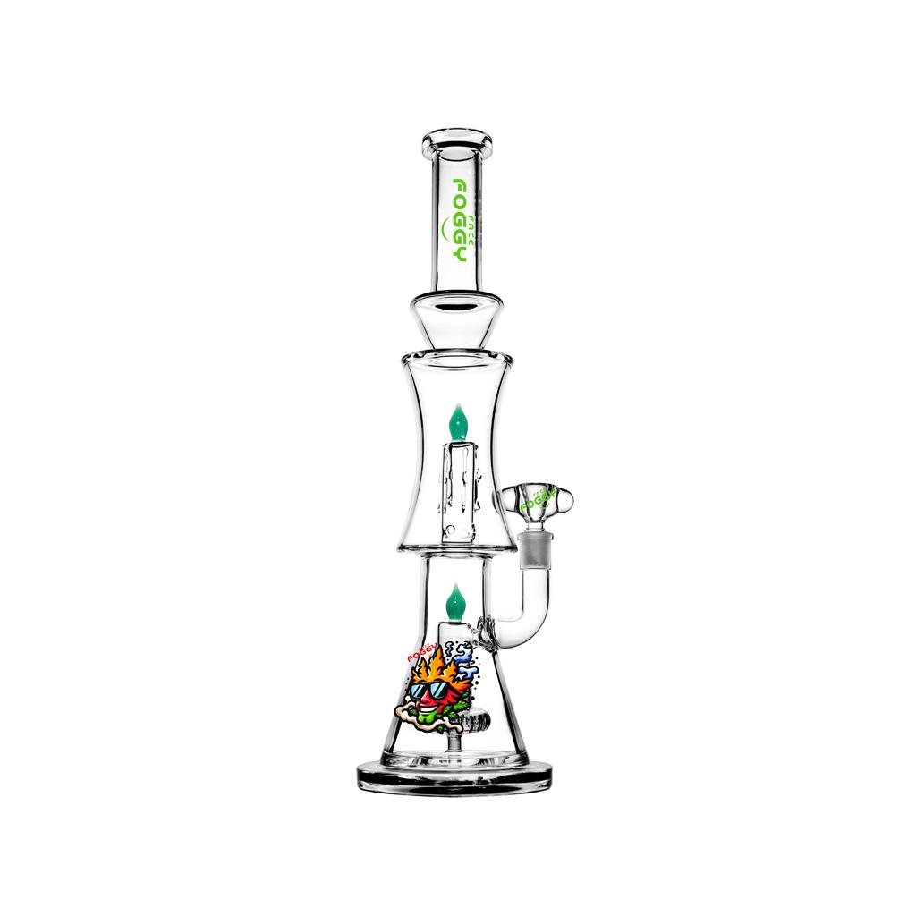 Double Percolator Straight Tube Water Pipe , 15.5 inch Premium Glass Bong, Foggy Face