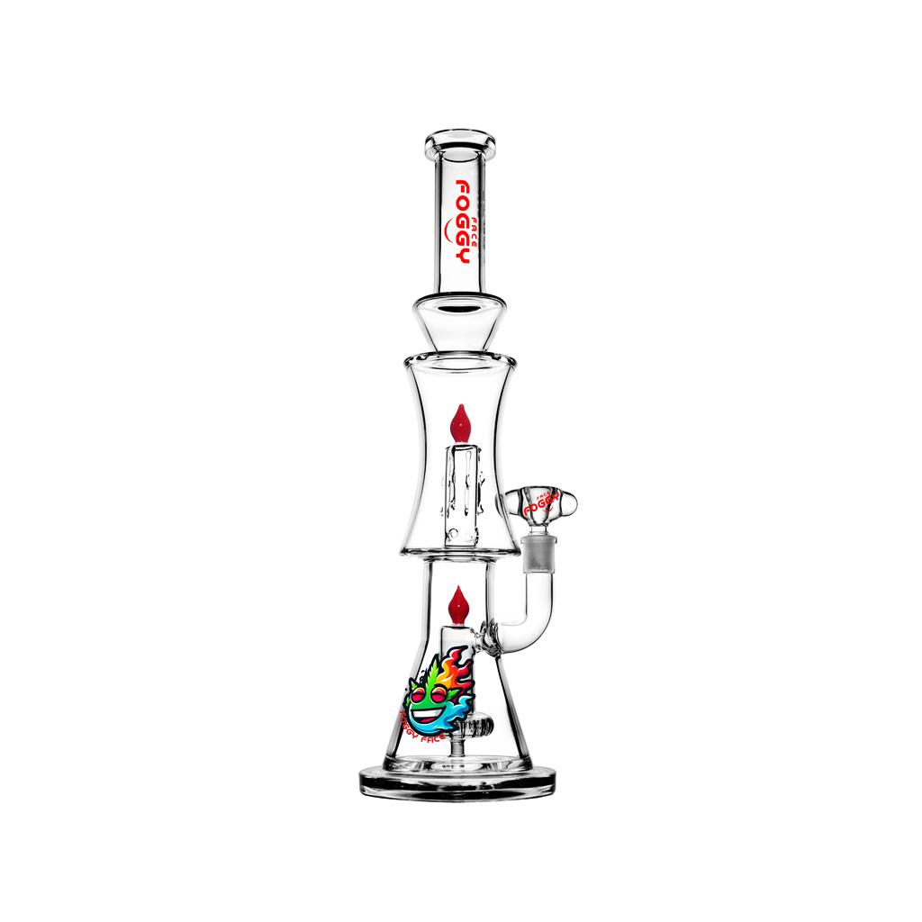 Double Percolator Straight Tube Water Pipe , 15.5 inch Premium Glass Bong, Foggy Face