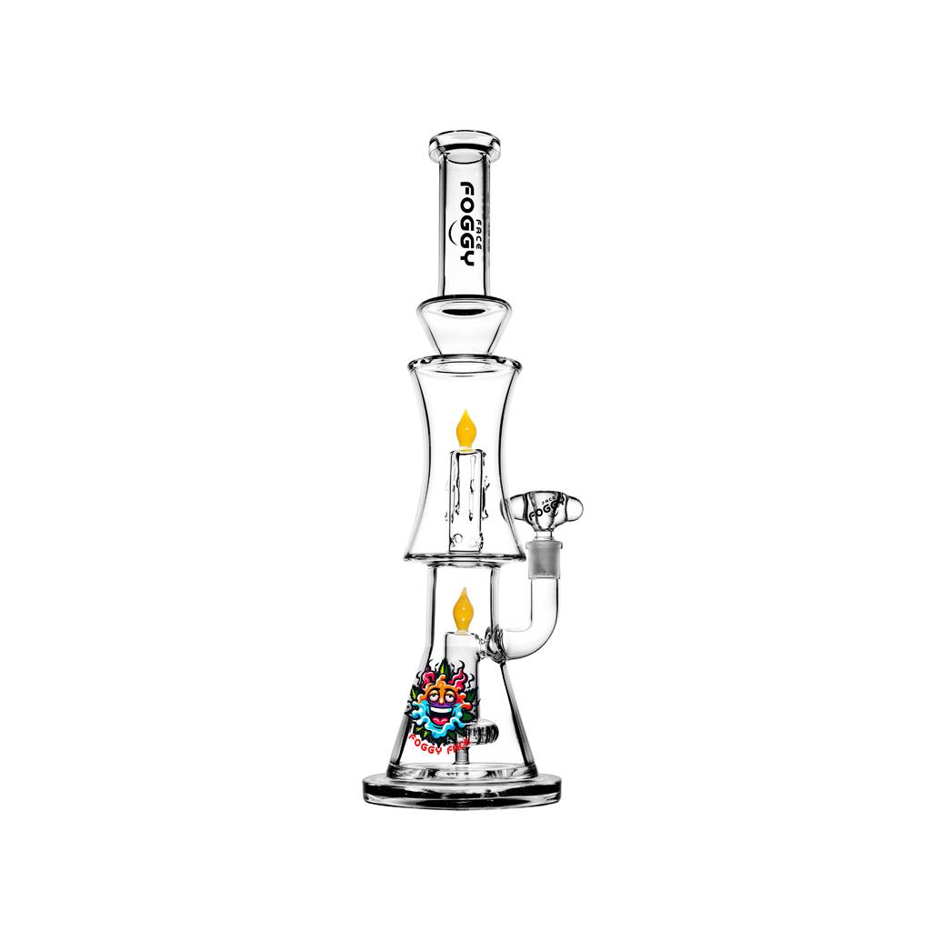 Double Percolator Straight Tube Water Pipe , 15.5 inch Premium Glass Bong, Foggy Face