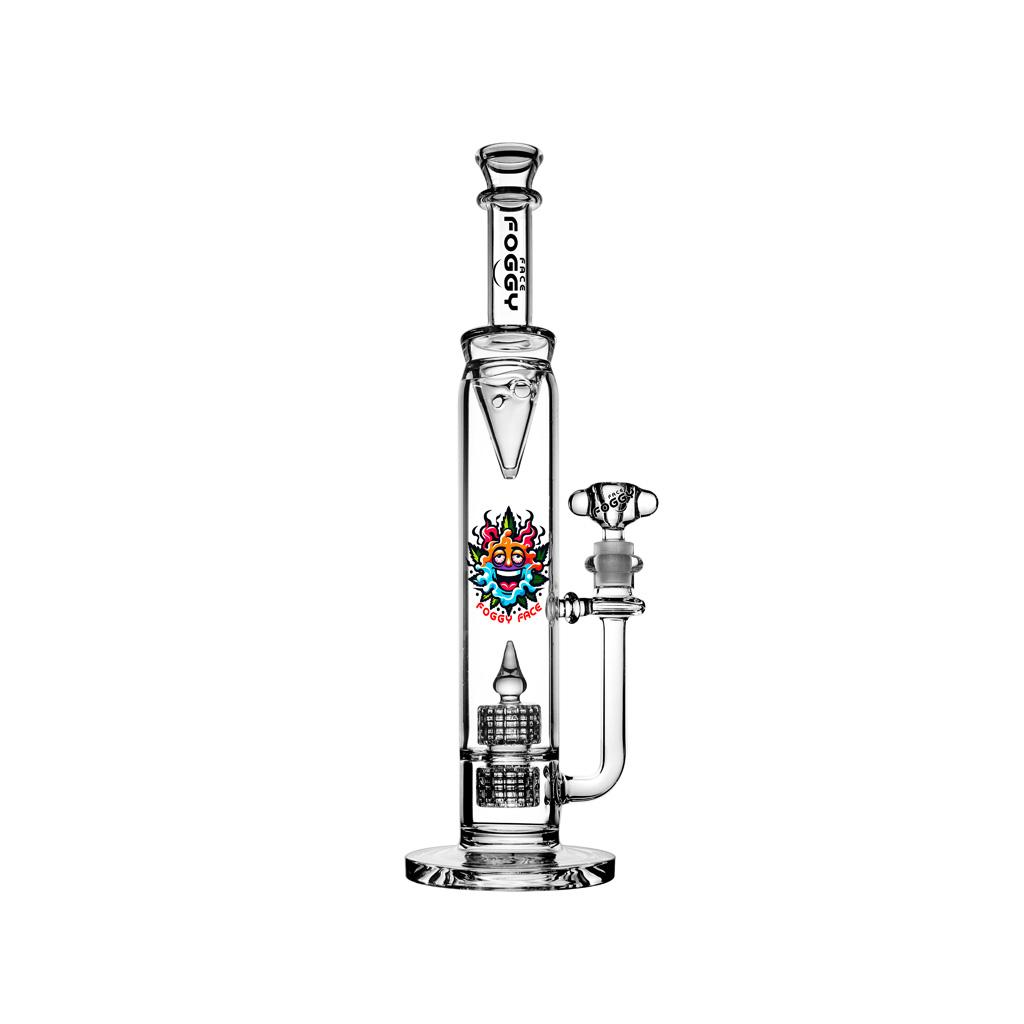 Double Percolator Straight Tube Water Pipe , 15 inch Premium Glass Bong, Foggy Face