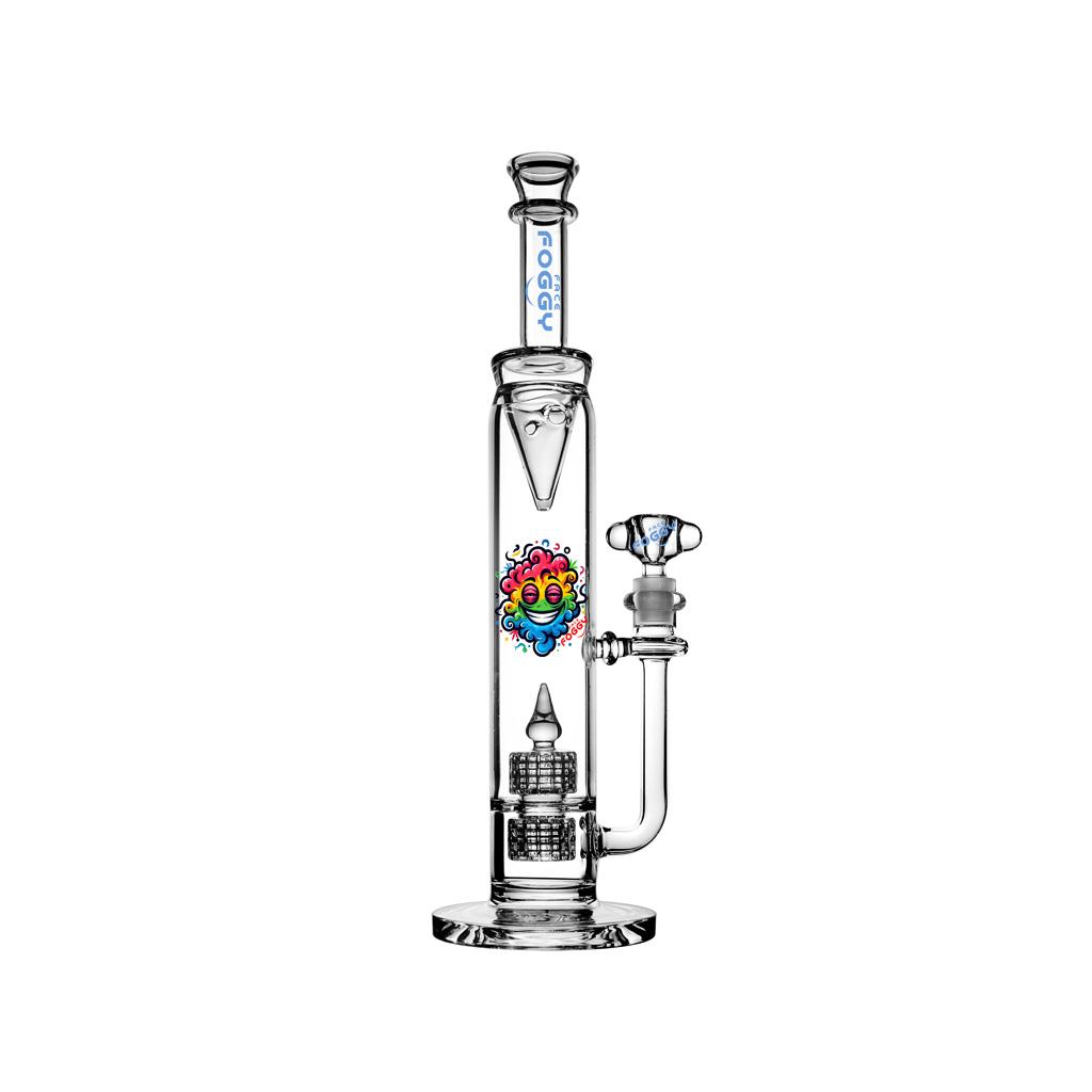Double Percolator Straight Tube Water Pipe , 15 inch Premium Glass Bong, Foggy Face