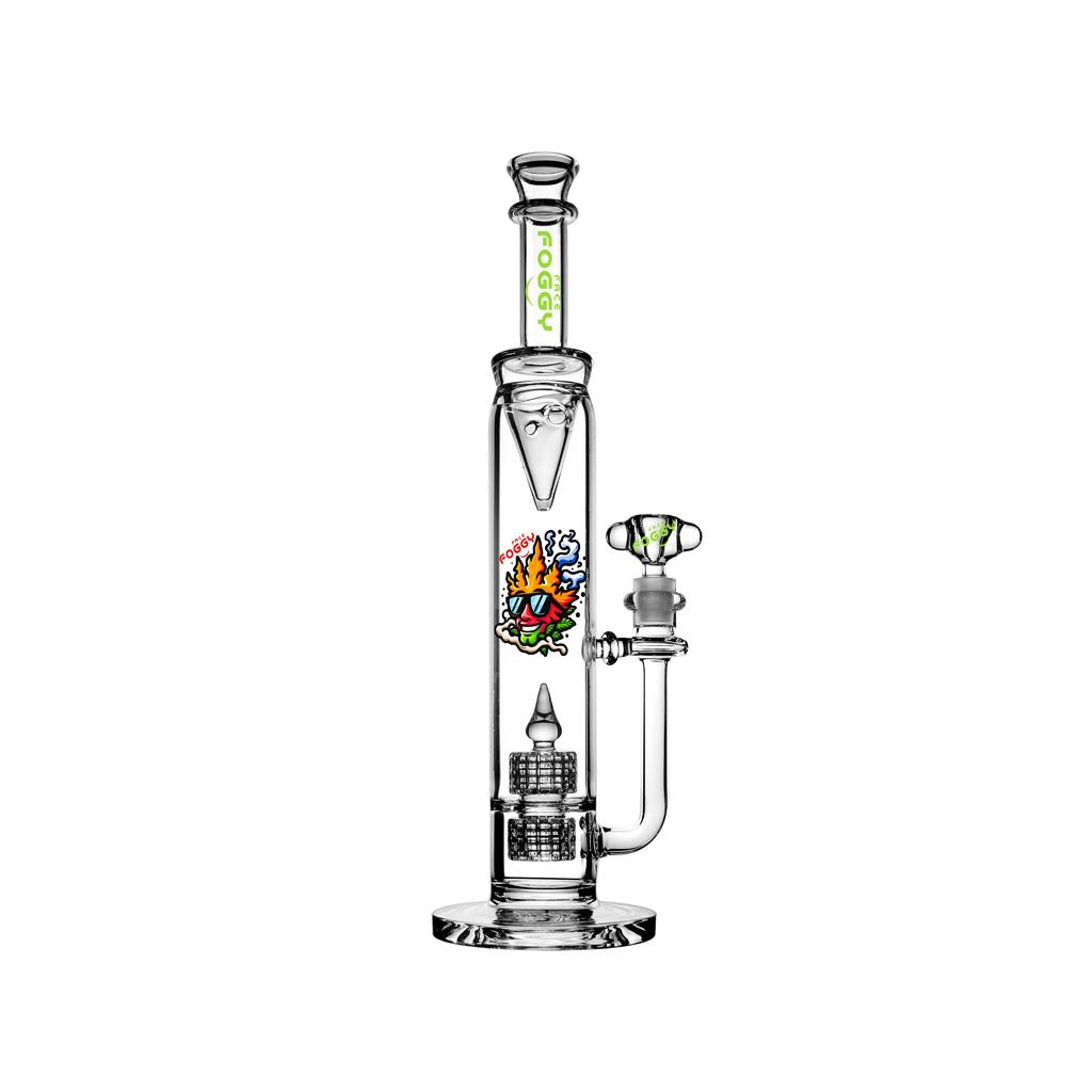 Double Percolator Straight Tube Water Pipe , 15 inch Premium Glass Bong, Foggy Face