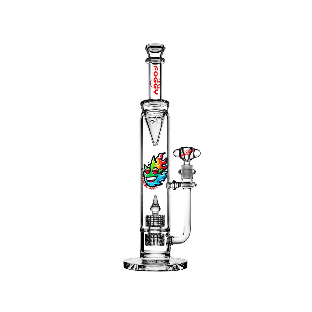Double Percolator Straight Tube Water Pipe , 15 inch Premium Glass Bong, Foggy Face